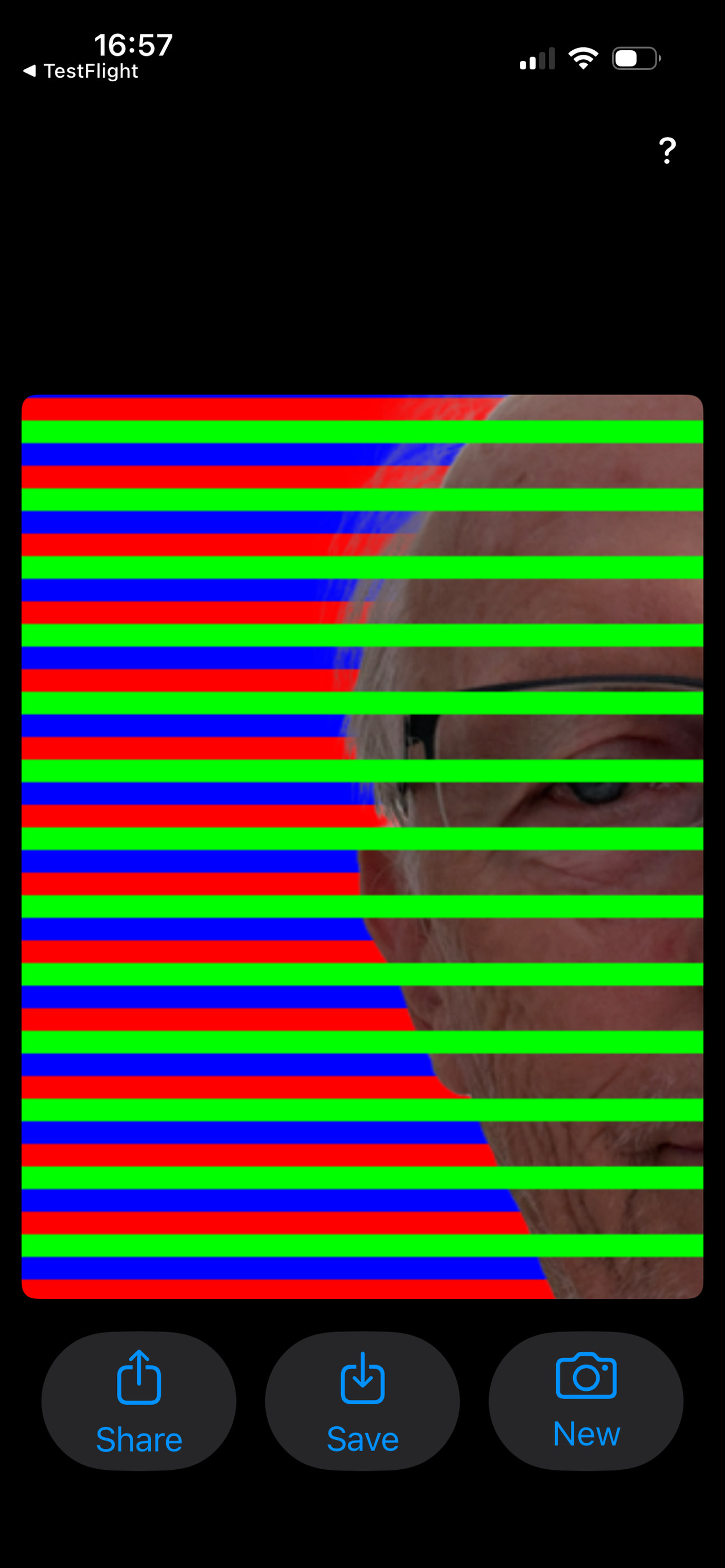 ColorAssim result zoomed far into a striped face, showing unchanged skin pixels between the stripes