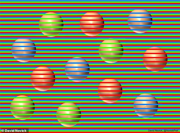 Twelve spheres that all appear to be different colors but are physically identical — by David Novick